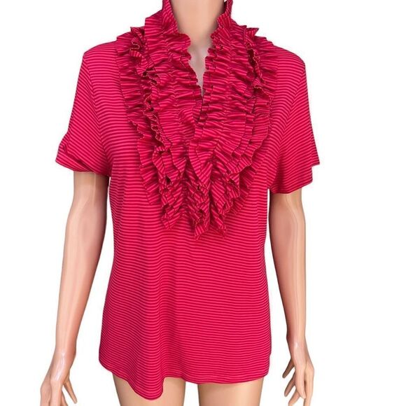 Soft Surroundings Tops - Soft Surroundings Shirt Top blouse Women Size L pink Stripe Ruffle Stretch